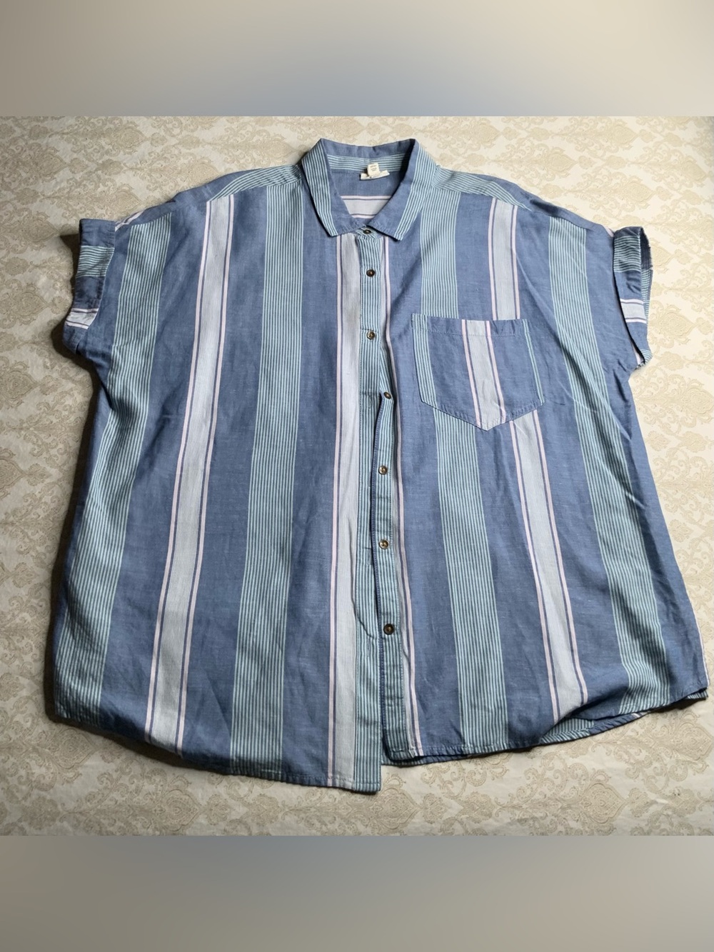 A.N.A Striped Button Down Blouse Short Sleeve XL Front Pocket - Picture 6 of 11